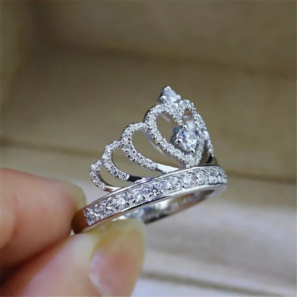 White Sapphire & Crown Birthstone Silver Ring - Picture 4 of 5